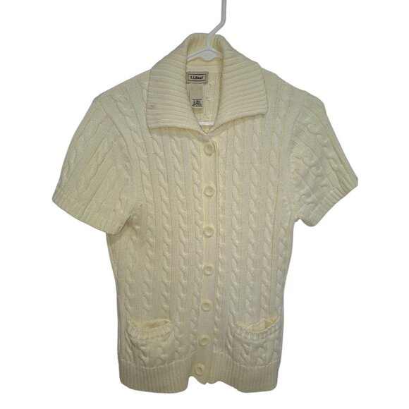 L.L. Bean Womens Small Short Sleeve Cardigan Sweater Cream Cable Knit Button - Picture 1 of 6